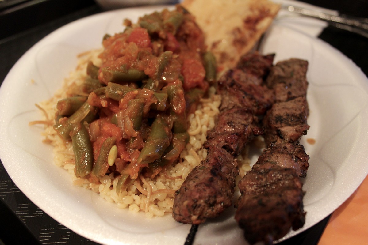 Rice pilaf, kebob and Armenian green beans meal