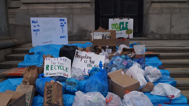 Clevelanders dropped off bags of recycling at City Hall to express anger at the lapsing of the curbside recycling program, (5/4/20).