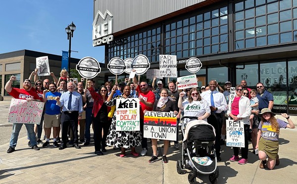 A number of local elected officials joined workers at REI's Beachwood location to put pressure on corporate to host a union election this year.