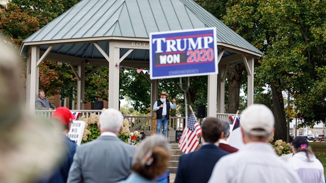 Republican candidate for governor Joe Blystone address a small crowd at a Freedom Rally October 17, 2021,