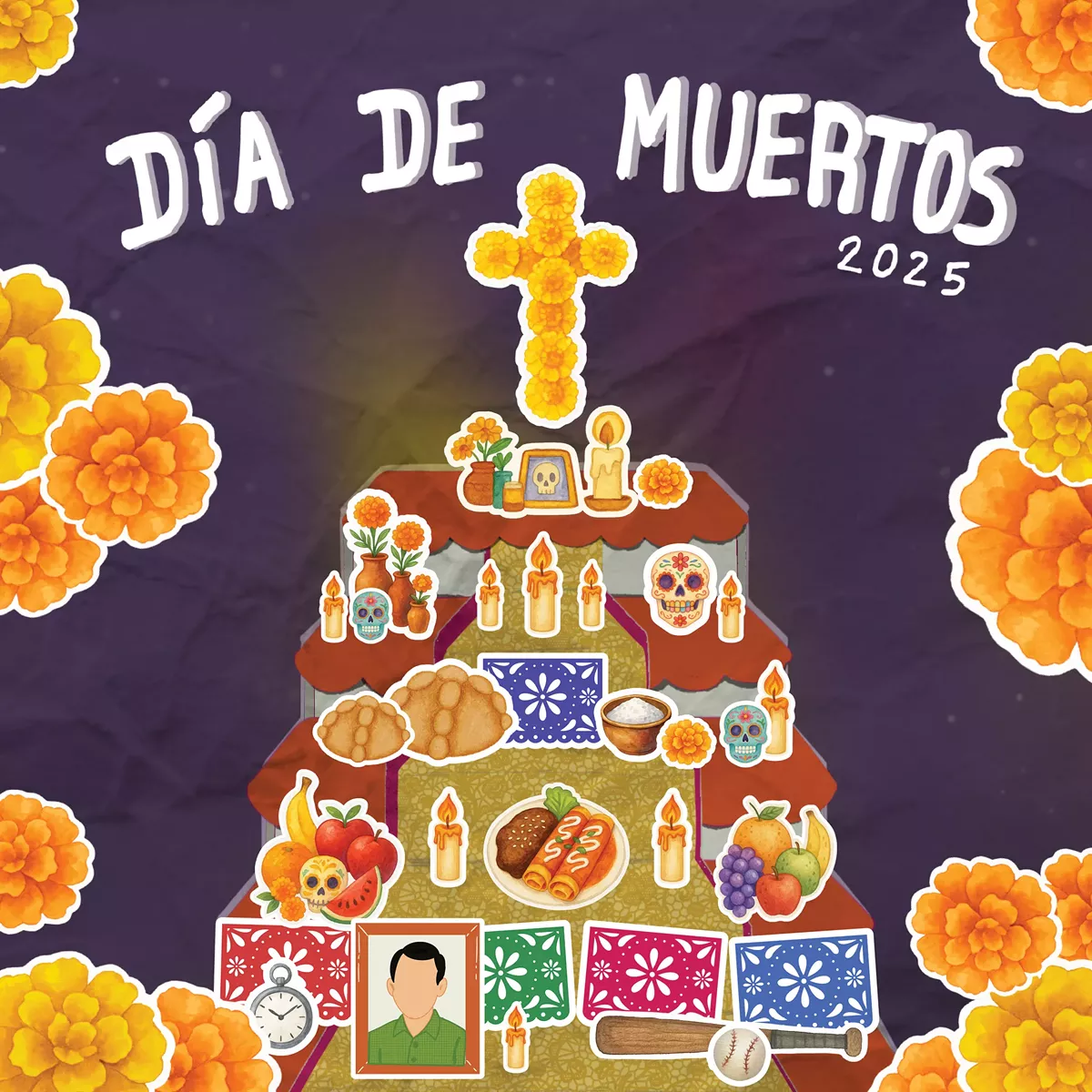 Illustration of a traditional Dia de Muertos altar (ofrenda).