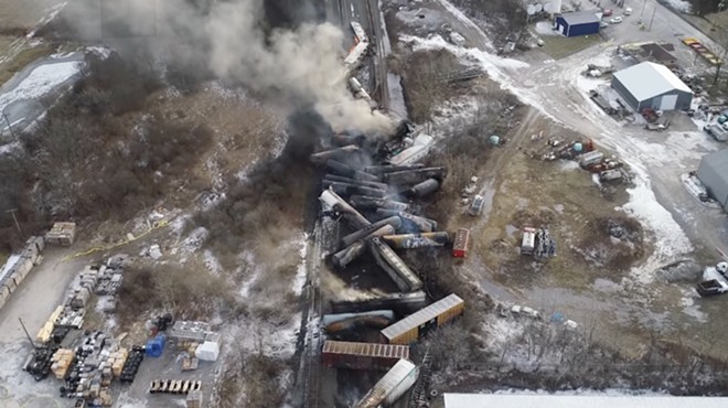 Aerial view of the train derailment wreckage in East Palestine.