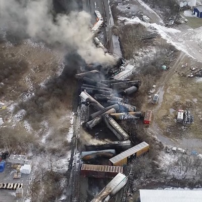 Aerial view of the train derailment wreckage in East Palestine.