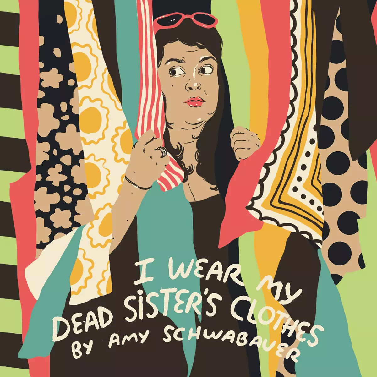 Illustration of playwright Amy Schwabauer draped in clothing.
