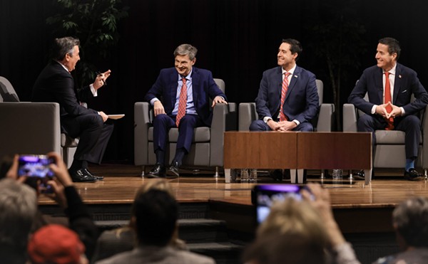 From left, Mike Kaylmyer moderates a U.S. Senate Ohio Republican primary forum between state Sen. Matt Dolan, Secretary of State Frank Larose, and businessman Bernie Moreno Monday, February 19, 2024, in the TLB Auditorium at the University of Findlay in Findlay, Ohio.