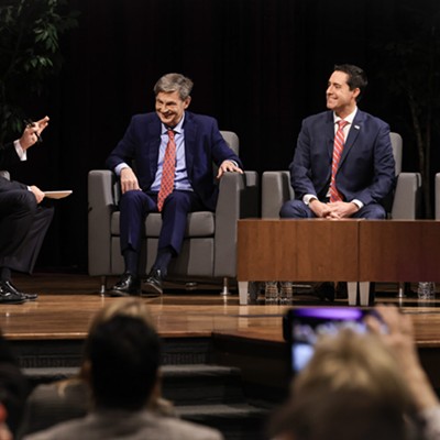 From left, Mike Kaylmyer moderates a U.S. Senate Ohio Republican primary forum between state Sen. Matt Dolan, Secretary of State Frank Larose, and businessman Bernie Moreno Monday, February 19, 2024, in the TLB Auditorium at the University of Findlay in Findlay, Ohio.