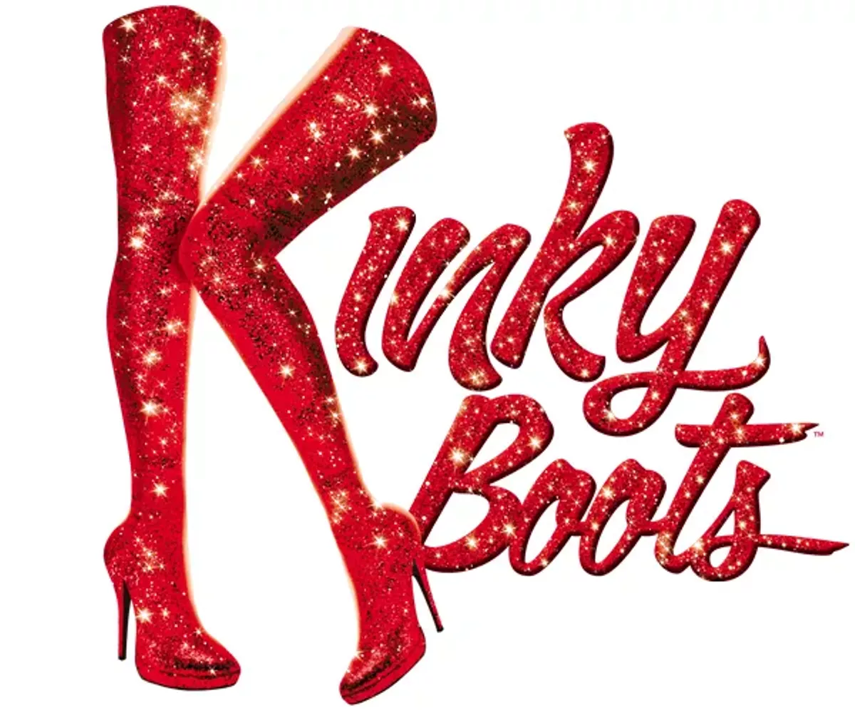 Title card for Kinky Boots featuring Thigh high glittering red stiletto boots