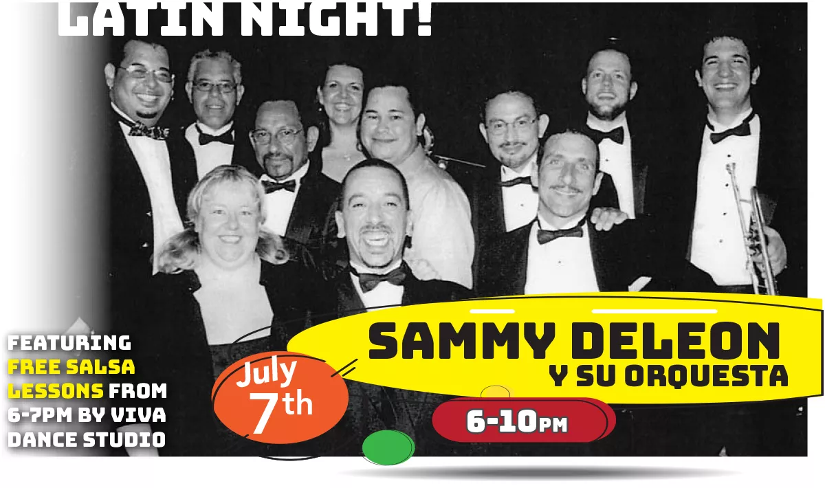 Latin Night with Sammy DeLeon Y Su Orquesta playing LIVE at Whiskey Island Still & Eatery Thursday, July 7th from 6-10pm! Free dance lessons with Viva Dance from 6-7pm!