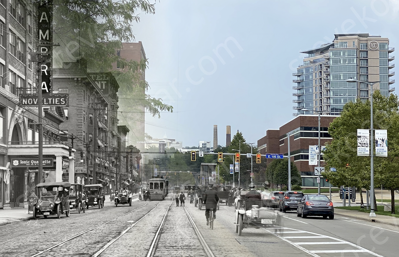 Circa 1911/2021 - Euclid Ave. at East 105th St. Looking west.