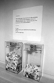 "MoMa Poll," by Hans Haacke, acrylic ballot boxes.