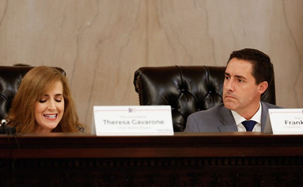 Ohio Ballot Board Chair, Secretary of State Frank LaRose listens to board member State Sen. Theresa Gavarone