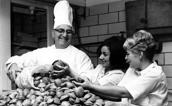 Chef John Comella of the Euclid Fish Company has assistance sorting clams for a catered clambake in 1964