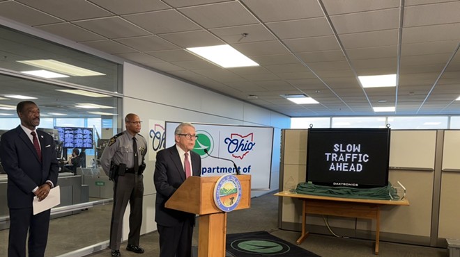 Ohio Gov. Mike DeWine at the Ohio Department of Transportation on Feb. 15. ODOT will install 13 automatic traffic queue warning systems that will use technology to detect and warn drivers of upcoming traffic congestion on highways.