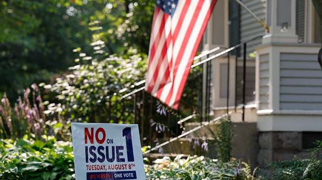 MOUNT VERNON, Ohio — JULY 26: A yard sign against Ohio Issue 1 which if passed at the August 8 special election would require a 60% vote to pass future citizen-initiated amendments including the Reproductive Freedom Amendment which will be on the ballot in November, July 26, 2023, in Mount Vernon, Ohio.