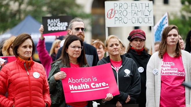 COLUMBUS, Ohio — OCTOBER 08: People gather for the Ohioans for Reproductive Freedom Bans OFF Columbus rally for Issue 1, October 8, 2023, outside the Statehouse in Columbus, Ohio.