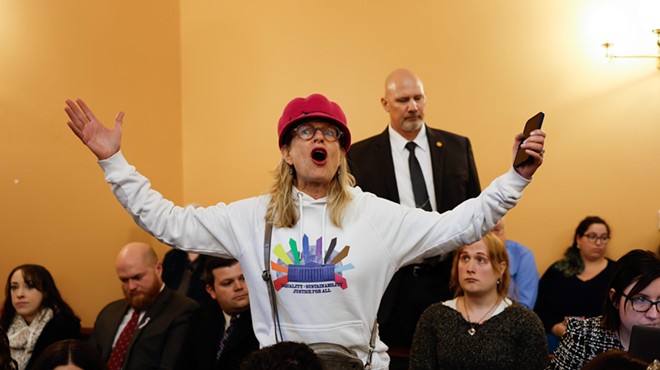 COLUMBUS, OH — JANUARY 24: A protester asks senators to not override Gov. Mike DeWine’s veto of House Bill 68 that would limit medical care for transgender minors and block transgender girls from sports during the Ohio Senate session, January 24, 2024, at the Statehouse in Columbus, Ohio.