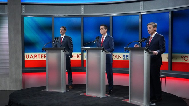 (From left) Sec. of State Frank LaRose, Bernie Moreno, and state Sen. Matt Dolan, R-Chagrin Falls, on the debate stage.