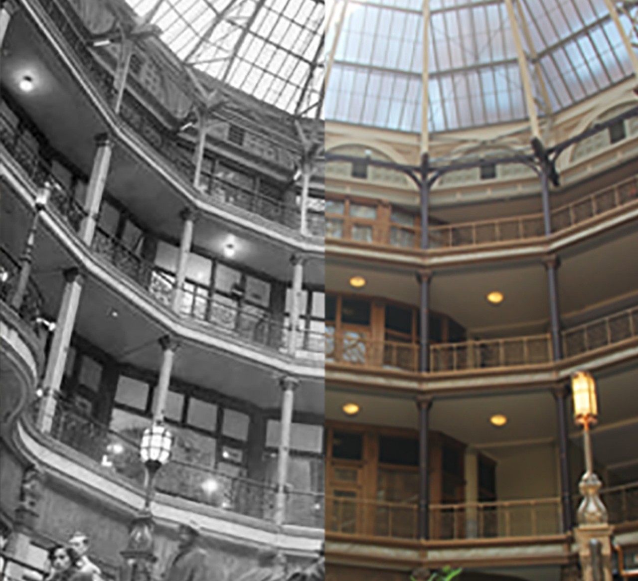 The Arcade adopted the nickname the "Crystal Palace" soon after opening because of its large skylights. Also thanks to its massive natural lighting, there isn't much of a need for bulbs or lamps.