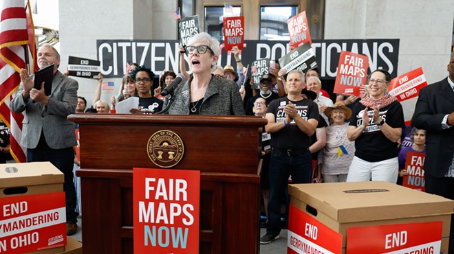 Retired Ohio Supreme Court Chief Justice Maureen O’Connor speaks to supporters at the Citizens Not Politicians rally, July 1, 2024, at the Statehouse in Columbus, Ohio.