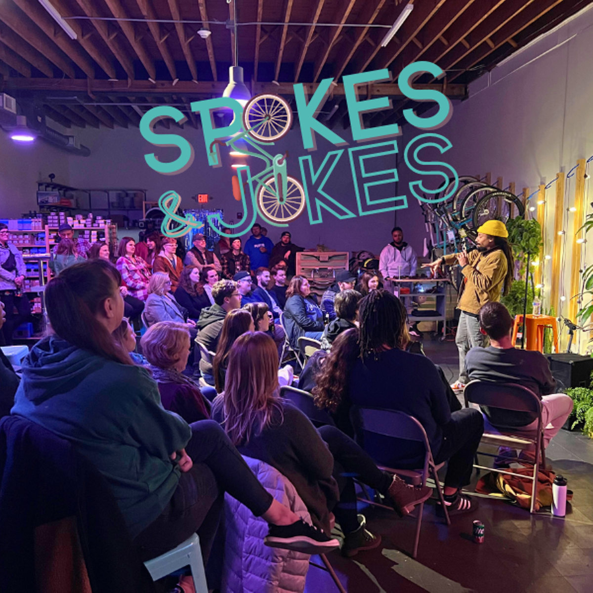 Spokes & Jokes comedy show at Sixth City Cycles