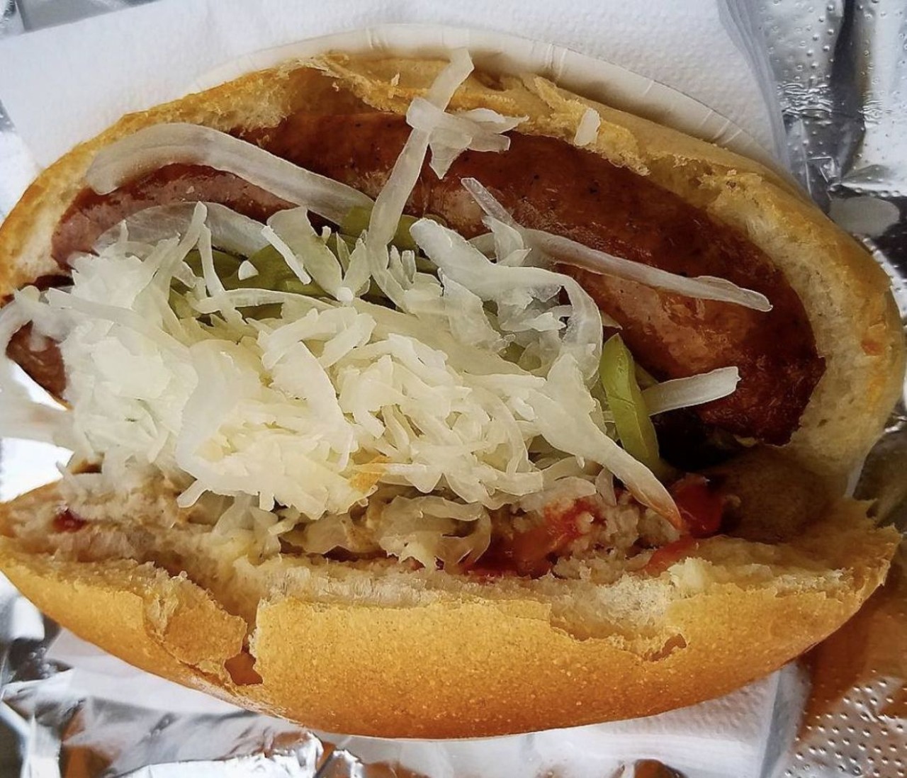 Bratwurst Sandwich 
What: A 'sandwich' made with the perfectly spiced German-style sausage
Why:  Frank's Bratwurst has been "serving the wurst since 1970," whether piled high with kraut and horseradish, or served plain with brown mustard
Photo via Scene Archives