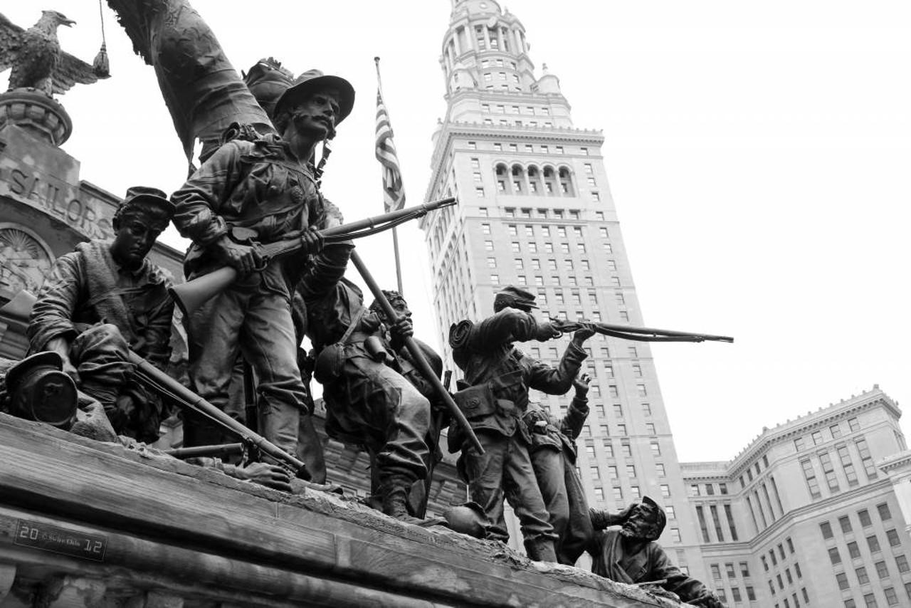 Soldiers&#146; and Sailors&#146; Monument - 3 Public Square, Cleveland
Honoring the the Cuyahoga County veterans of the Civil War, the monument was constructed in 1891, making it more than 100 years old. Underground, there's tunnels believed to be haunted. Unexplained happenings include strange voices and group tour photos featuring unexplained people in them. 
(Photo via Can Pac Swire, Flickr CC)
