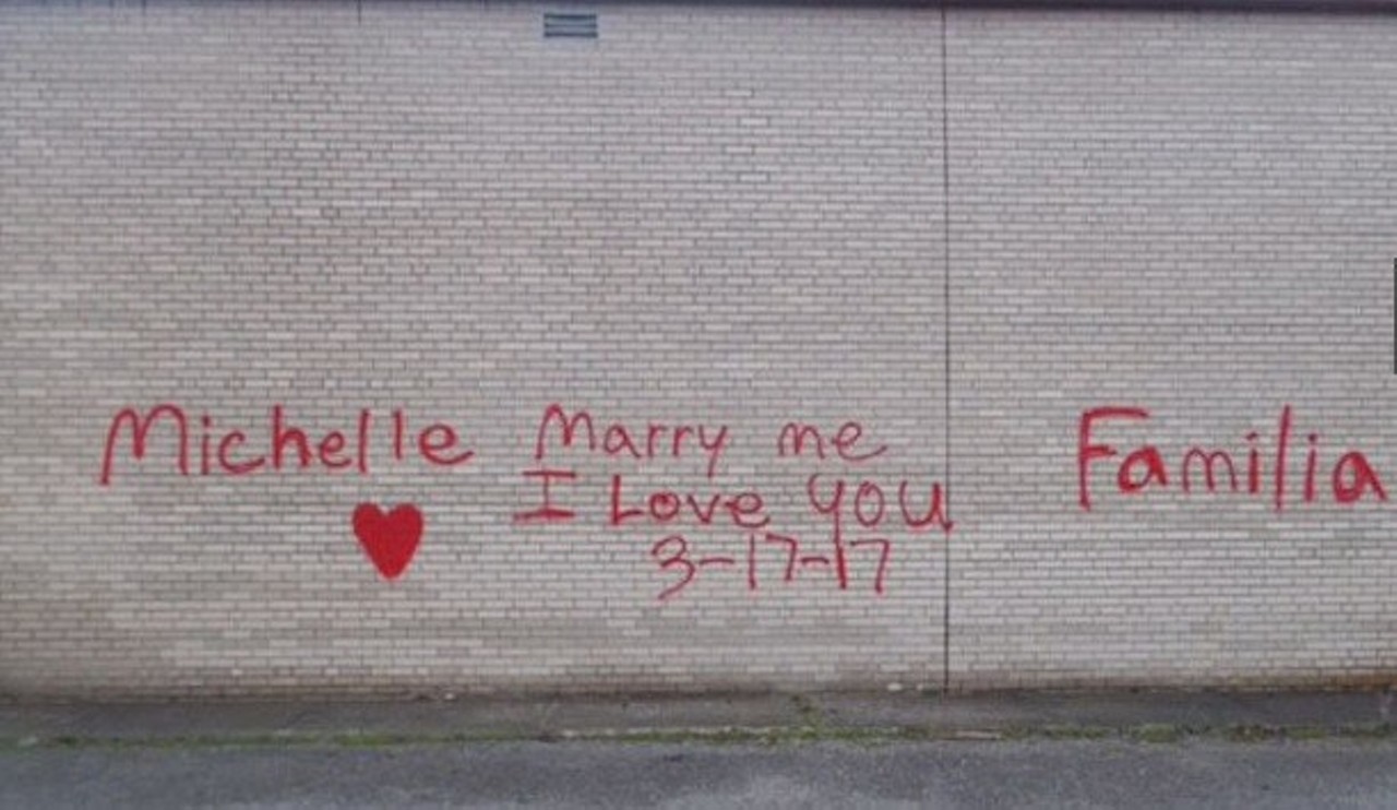  &#147;This Ohio Love Bird Didn't Quite Think Through His Spray-Painted Marriage Proposal
&#148;
March 30
Kyle Stump of Sheffield Lake wanted to be romantic in his marriage proposal and spray painted a message to his girlfriend Michelle, asking to marry him. Unfortunately for Stump, graffiti is against the law and police quickly figured out that Stump was behind the message, as he had gotten in trouble for spray painting in red in the past. He was sentenced to community service but Michelle did say &#145;yes&#146; to the proposal.
Photo via Sheffield Lake Police Department