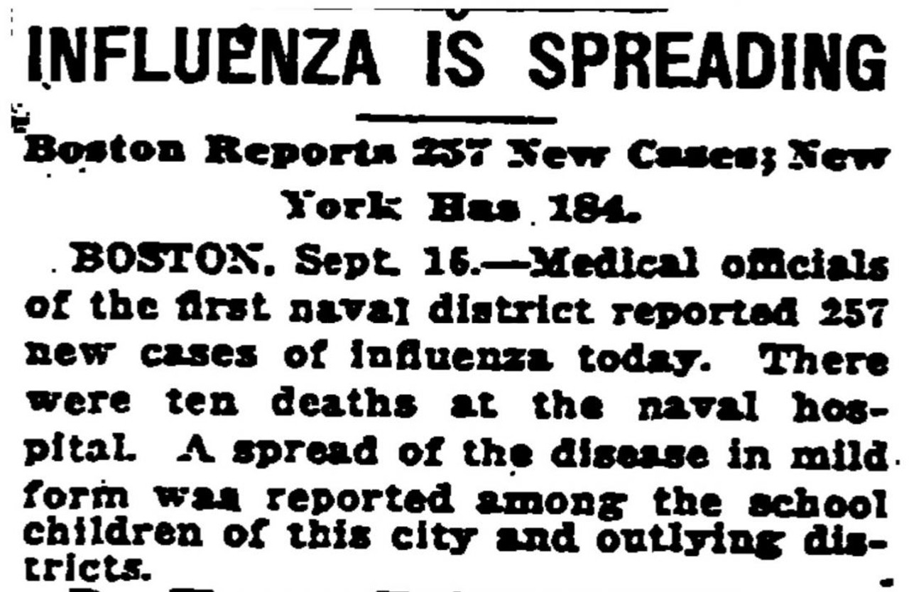 September 17th: Influenza is Spreading: Boston Reports 257 New Cases, New York Has 184