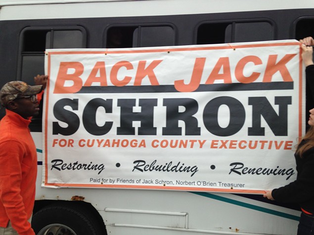 The Schron tour bus; Schron has opted for orange and black -- a seasonal homage? -- for some unconventional campaign colors. - Sam Allard / Scene