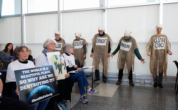 COLUMBUS, OH — FEBRUARY 26: Protesters from Save Ohio Parks during the Ohio Oil and Gas Land Management Commission meeting to pick the winning bids for drilling under a state park and two wildlife areas, February 26, 2024, at the Ohio Dept. of Public Safety, Charles D. Shipley Building Atrium in Columbus, Ohio.