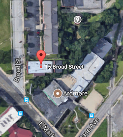 Samuel Adkins' home is pinned at the top of this map, and located just north of the woods behind Sage Lewis' building at 15 Broad St. - GOOGLE MAPS