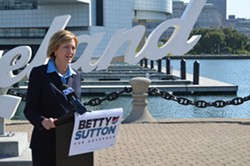 Betty Sutton speaks in downtown Cleveland about her advancing gubernatorial campaign. - ERIC SANDY / SCENE