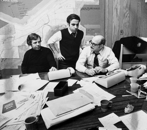 Mayor Dennis Kucinich was in Washington, DC that day to meet President Jimmy Carter. These men (left to right), Joe Stewart, acting mayor Joe Tegreene, and Louis Corsi, ran storm control operations from City Hall. - Cleveland Memory Project