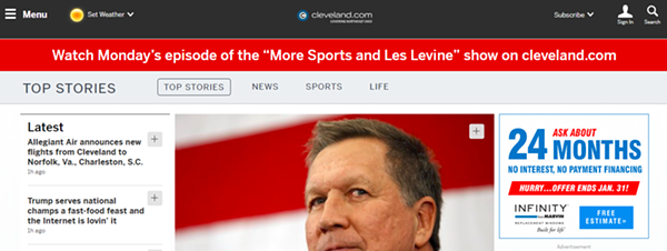 Cleveland.com homepage, morning of 1/15/19