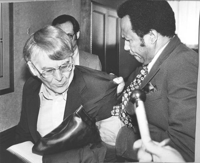 Forbes tosses journalist Roldo Bartimole out of a now infamous special council meeting in 1981. - CLEVELAND PRESS COLLECTION, CLEVELAND STATE