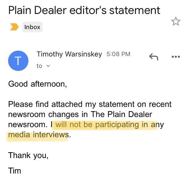 Plain Dealer Editor Tim Warsinskey is a Liar and Advance Publications Doesn't Give a Shit About Cleveland