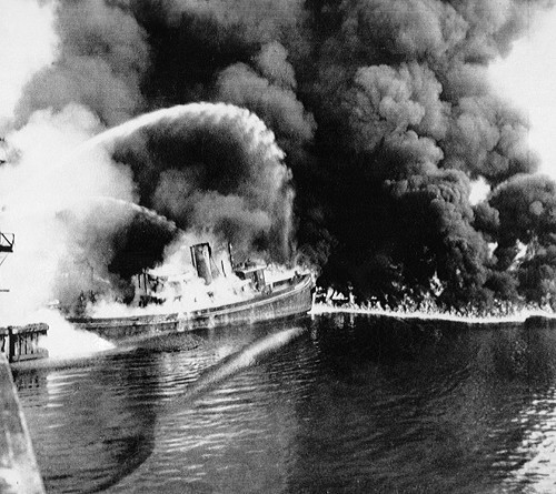 Photos from the 1952 Cuyahoga River fire, like this one, were often erroneously used to illustrate stories of the 1969 blaze.
