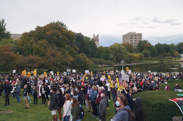 Roughly 500 people gathered on the Wade Lagoon before the Cleveland Presidential Debate, (9/29/20). - SAM ALLARD / SCENE