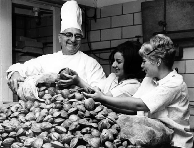 Chef John Comella of the Euclid Fish Company has assistance sorting clams for a catered clambake in 1964 - Cleveland Memory Project