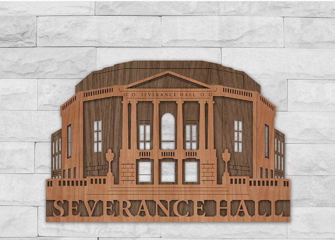 An engraved piece of wooden art of Severance Hall from MadeCleveland.com by local artisan Inspired Indigo - Photo via MadeCleveland.com