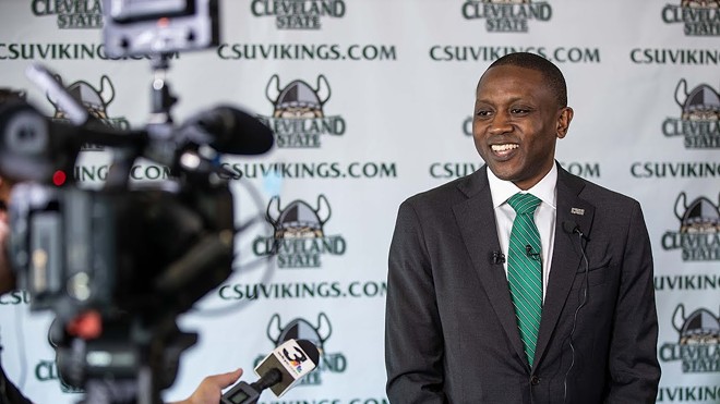 Men's basketball coach Dennis Gates is introduced in 2019. - Cleveland State University