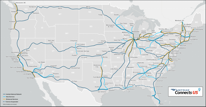 Map of proposed new routes along with existing ones - Courtesy Amtrak