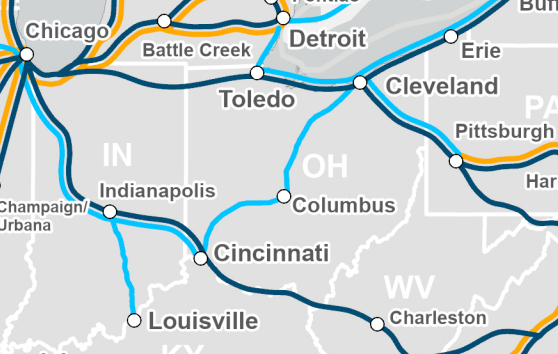 A zoomed-in look at Amtrak’s proposed service map impacting Ohio. Dark blue lines indicate existing services, while light blue and yellow lines indicate new or enhanced rail service.