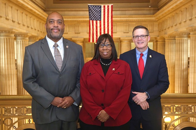 Phyllis Cleveland, alongside council leaders Blaine Griffin and Kevin Kelley. - Cleveland City Council