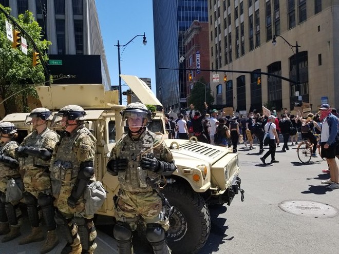 The Ohio National Guard stands post in downtown Columbus last year. Photo by Marty Schladen. - Marty Schladen/OCJ