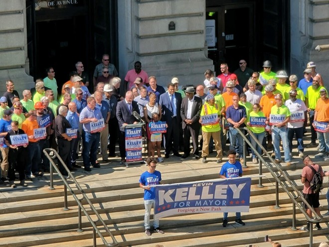 The Building and Construction Trades Council endorses Kelley on the steps of City Hall. - Courtesy Kevin Kelley for Cleveland