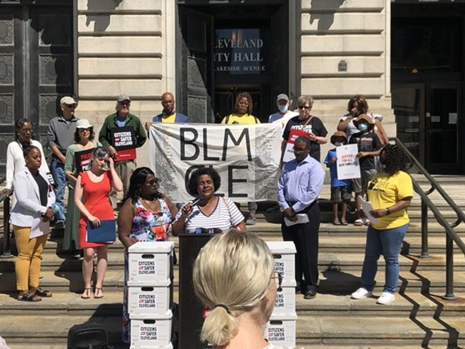 Brenda Bickerstaff speaks on the steps of Cleveland City Hall. - Courtesy Citizens for a Safer Cleveland