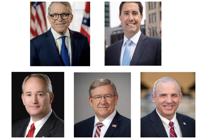 The Republican majority members of the Ohio Redistricting Commission. Top row from left, Ohio Gov. Mike DeWine and Secretary of State Frank LaRose. Bottom row from left Ohio Auditor Keith Faber, House Speaker Bob Cupp, and Senate President Matt Huffman. - Official Photos