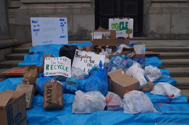 Clevelanders dropped off bags of recycling at City Hall to express anger at the lapsing of the curbside recycling program, (5/4/20). - Sam Allard / Scene