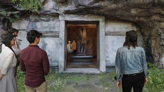 Digital rendering of “The Story of the Cleveland Krishna.” The mixed-reality tour culminates with a life-size holographic representation of the original cave temple on Phnom Da, wherevisitors are invited towalk around an artist’s re-creation of the sculpture as it might have stood.